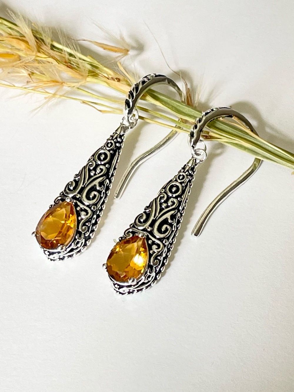 Natural Citrine Teardrop Dangle Earrings in 925 Sterling Silver